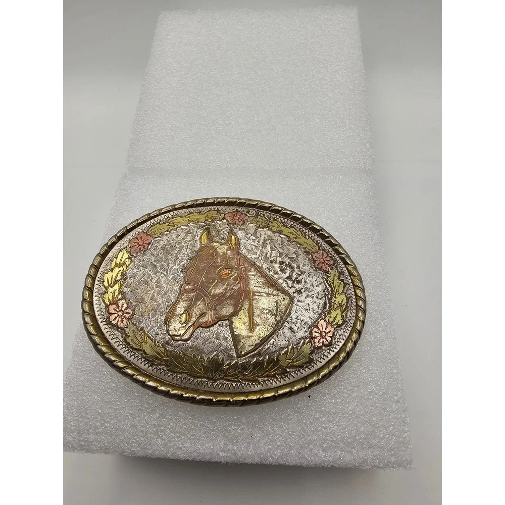 Vintage W Horse Head Belt Buckle Western Floral Rope Edge Made in USA Multi-Tone